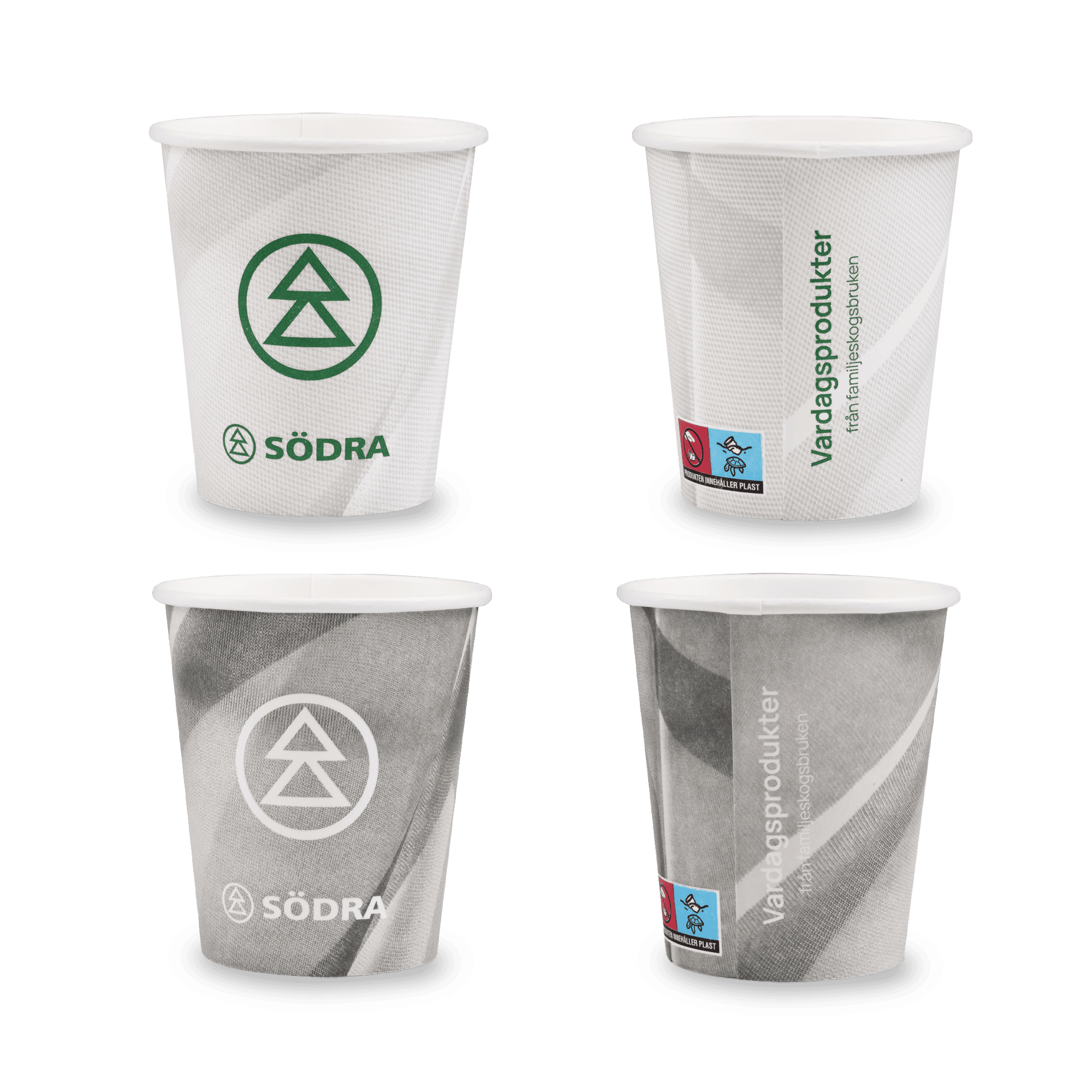 södra pappersmuggar i vitt och grått