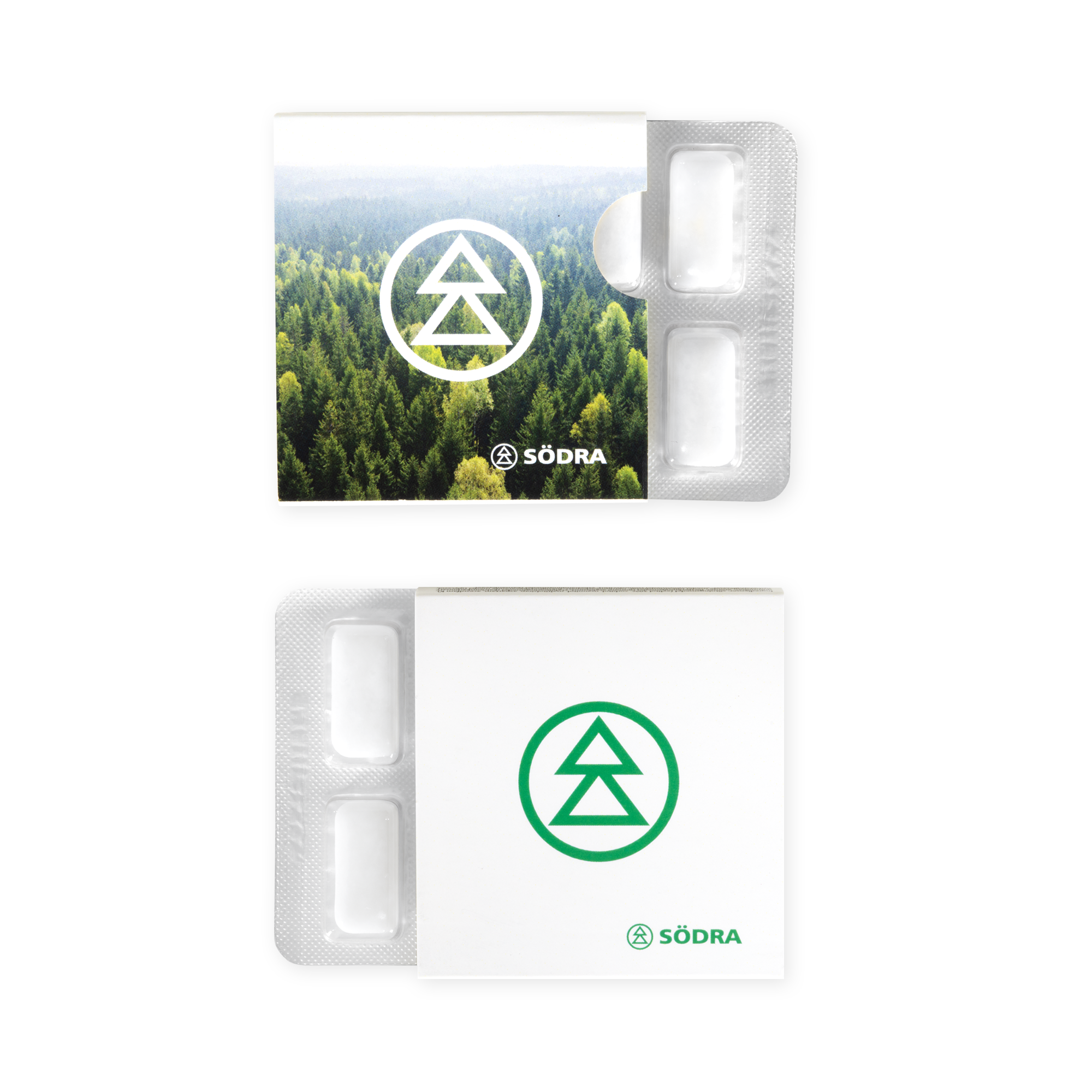 tuggummi förpackning med grön södra logga och bild på skog fram och bak